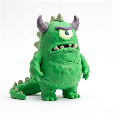 A grumpy one-eyed green alien made of modelling clay