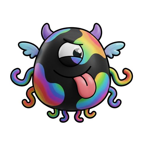 A black and rainbow one-eyed blob with tentacles, horns and wings, sticking out its tongue