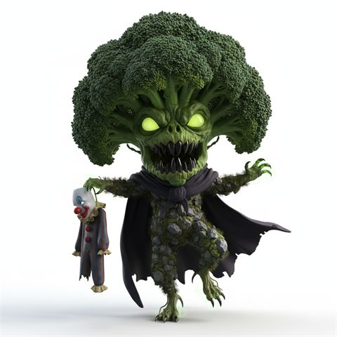 A broccoli creature with a cape and glowing eyes