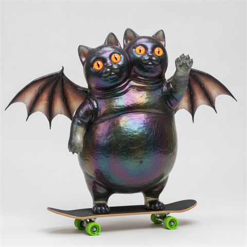 A two-headed black cat with bat wings on a skateboard