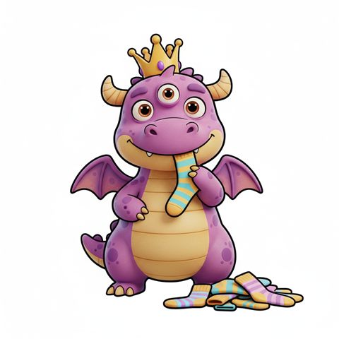 A cheeky purple and gold three-eyed dragon with a crown, chewing a sock