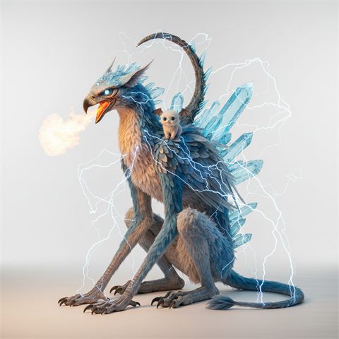 A blue three-eyed griffin breathing fire with crystals on its back