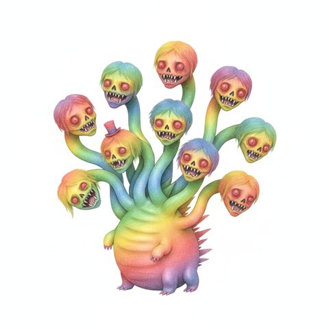 The hydra as a rainbow baby in the same storybook style