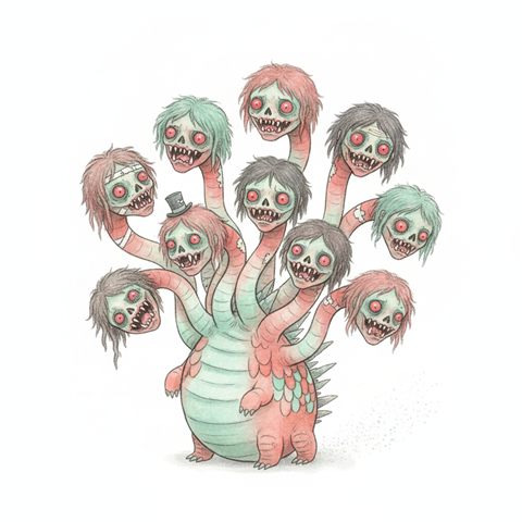 A storybook watercolour hydra with many zombie heads