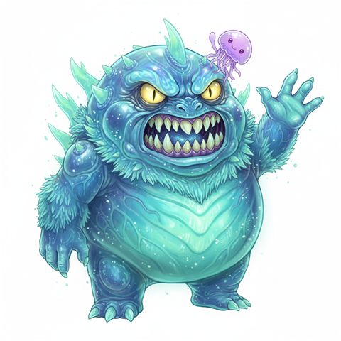A grumpy glowing turquoise jelly creature with big teeth