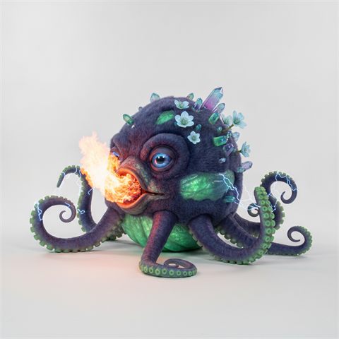 A glowing kraken with crystals and lightning