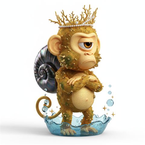 A grumpy golden one-eyed monkey with a shell and a crown