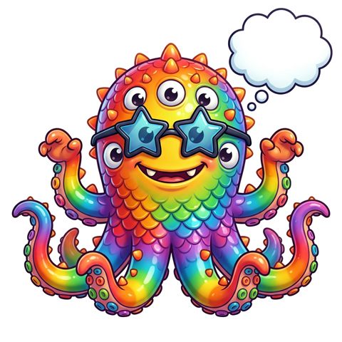 A rainbow octopus with many eyes and sunglasses
