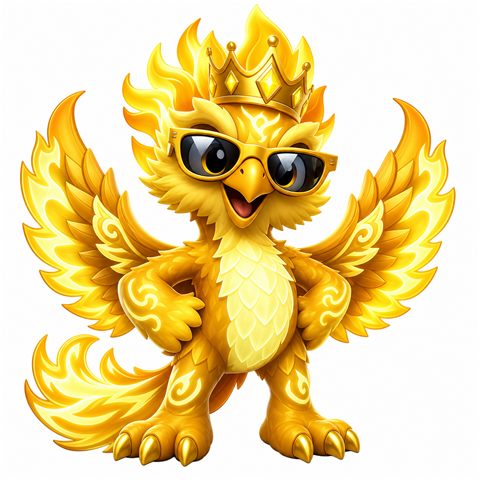 A golden phoenix with a crown and sunglasses