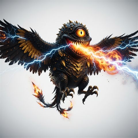 A black and gold phoenix with lightning bolts and fire