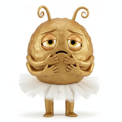 A shy golden porridge creature with extra arms and a tutu, made of clay