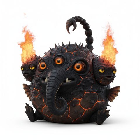 A black two-headed pufferfish with a trunk, a scorpion tail and fire