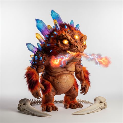 An orange three-eyed rocket creature with crystals and fire breath