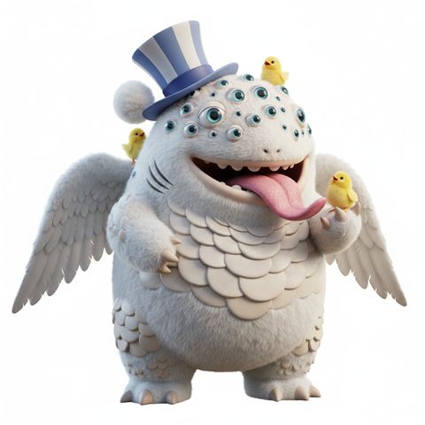 A white winged shark creature with a top hat and lots of eyes