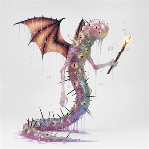 A rainbow slime worm with bat wings and a magic wand
