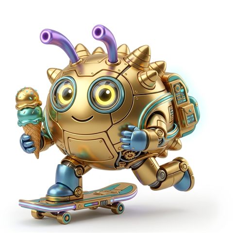 The same creature as a golden robot on a skateboard, holding an ice cream