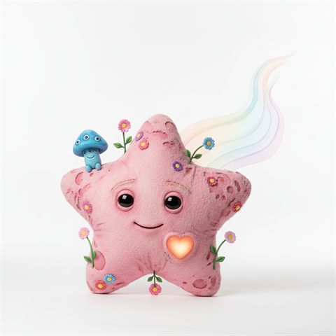 A happy pink star creature with flowers and a tiny friend