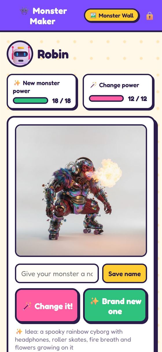 Monster Maker on a phone: a child's page with power meters and their latest monster