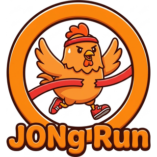 JONg Run logo: a running chicken breaking the finish tape